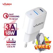 VIVAN Charger Power Super II Fast Charging Dual Port USB (QC3.0) & Type-C (PD) 3A 18W Support iPhone - Garansi Resmi 1 Tahun