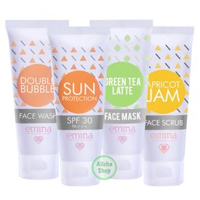 Paket Emina Sun Protection SPF 30 + Double Buble Face Wash + Green Tea Face Mask + Apricot Jam Face Scrub - 4 pcs