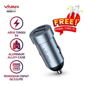 VIVAN VCC02 Car Charger Sever Mobil Quick Charger 2 Ports USB-A 20W 3A QC3.0 PD Fast Charging Garansi Original Resmi