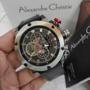 jam tangan pria original alexandre christie ac 6491 mc leather steel - silver black