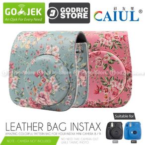 leather bag floral clover for fujifilm instax mini 9 8 tas kamera case - pink rose