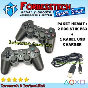 [ 2 PCS ] Stick Stik PS3 Sony Playstation 3 OP Wireless Controller Hitam + [ 1 PCS ] Kabel USB Charger Sony Vaio