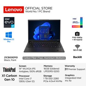 "Lenovo ThinkPad X1 Carbon Gen 10 EPID Intel Core i7 1265U Win11 Pro 16GB 1TB SSD 14"" WUXGA IPS Antiglare 100% sRGB Low Power Integrated Iris Xe Backlit Fingerprint Intel Connectivity Performance Suite FHD1080p Laptop Bisnis 14inch 21CB00EPID Black Windows"