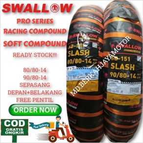 Paket ban tubeless swallow slash pro series (soft compound) 80/80-14 + 90/80-14 free pentil 100% Original