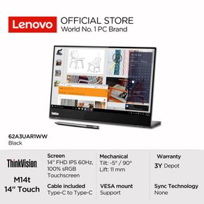 "Lenovo Monitor ThinkVision M14t with USB-C + Pen 14"" FHD IPS WLED Touch 60Hz 72% NTSC 62A3UAR1WW Black Garansi Resmi 3 Tahun M14 Layar 14inch Touchscreen Tilt Lift Mobile Mungil Tipis"