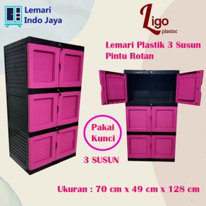 lemari plastik 3 susun motif rotan serbaguna minimalis - merah muda