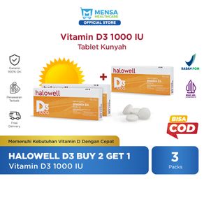 [Beli 2 Gratis 1] Halowell Vitamin D3 1000 IU 3 Pack x 20 Tablet Kunyah (Suplemen Kesehatan / Daya Tahan Tubuh / VitaminD / Vitamin Tulang dan Gigi / Imunitas / Vit D3)