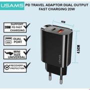 USAMS T35 Kepala Adaptor Charger PD 3.0 Port USB + Type C Fast Charging 20W iPhone 11 12 Pro Max