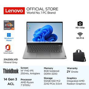 "Lenovo ThinkBook 14 G3 ACL LVID AMD Ryzen 7 5700U Win11 8GB 512GB SSD 14"" FHD IPS 250nits Antiglare 45% NTSC Integrated Radeon Backlit Fingerprint OHS Laptop 14inch SMB Bisnis 21A200LVID Mineral Grey Office 2021 Garansi Resmi 2 Tahun"
