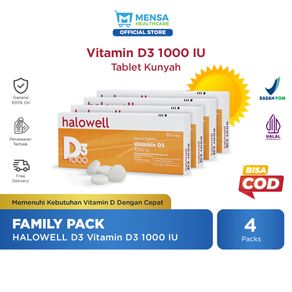 [Bundle Hemat Keluarga] Halowell Vitamin D3 1000 IU 4 Pack x 20 Tablet Kunyah (Suplemen Kesehatan / Daya Tahan Tubuh / VitaminD / Vitamin Tulang dan Gigi / Imunitas / Vit D3)