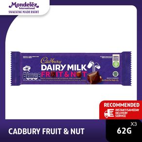 Cadbury Dairy Milk Chocolate Fruit & Nut Regular 62g Untuk Camilan x 3