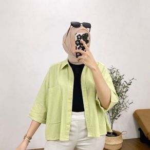 cozie zara crop kemeja linen crop top wanita - lemon