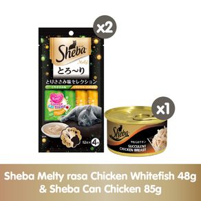 Sheba Melty Snack Kucing Basah rasa Chicken Whitefish 48g (2pcs) & Sheba Can Chicken (1pc)