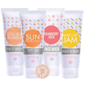 Paket Emina Sun Protection SPF 30 + Double Buble Face Wash + Cranberry Juice Face Mask + Apricot Jam Face Scrub - 4 pcs