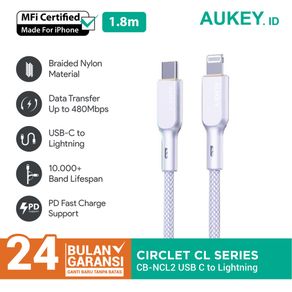 Kabel Charger iPhone Aukey CB-NCL2 USB-C to Lightning MFi 1.8m - 501677