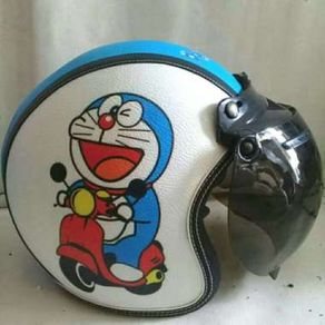 Helm Retro Dewasa Full Kulit Print Motif Doraemon Vespa