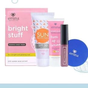 paket 5in1 emina bedak lipcream toneup sun screen masker bright stuff