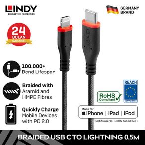 LINDY 0.5M Kabel iPhone Nylon MFi USB C to Lightning Kevlar Cable