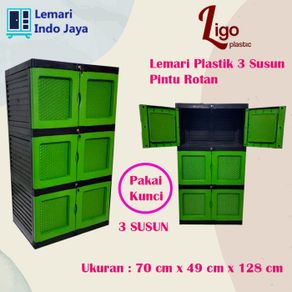 lemari plastik 3 susun motif rotan serbaguna minimalis - hijau
