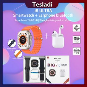 Tesladi Smartwatch i8 Ultra Full Layar Sentuh Watch Termasuk TWS Earphone Dan 2 Tali Jam Bisa Phone Call IP68 Waterproof Heart Rate Monitor SmartWatch