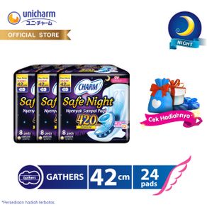 Charm Pembalut Safe Night 42cm Gather 8 pads - 3 packs