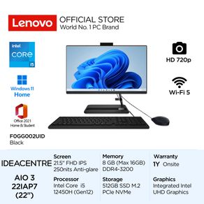 "Lenovo PC IdeaCentre AIO 3i 22IAP7 2UID 2VID Intel Core i5 12450H Win11 Home 8GB 512GB SSD 21.5"" FHD IPS Integrated Intel UHD OHS HD 720p Camera WiFi5 Desktop AIO3 All-in-One 21.5inch Black F0GG002UID White F0GG002VID Wired Mouse Keyboard Windows Office"