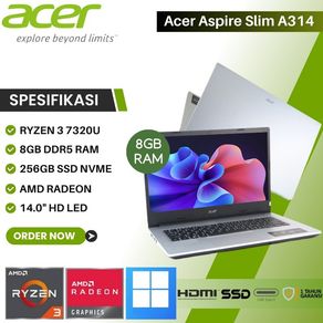 (Best Seller) Laptop Bisnis dan Multitasking Acer Aspire Slim A314-23M-R1LK - RYZEN 3 7320U 8GB RAM DDR5 256GB SSD 14"HD Wifi 6 Pure Silver