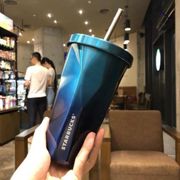 tumbler starbucks stainless steel coffee straw cup gradient ice-block - biru navy