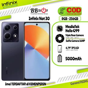 Infinix Note 30 NFC 8GB+256GB Garansi Resmi 1 tahun Display Type IPS LCD Size 6.78 inches Chipset Mediatek Helio G99 Main Camera Triple 64MP+8MP+QVGA Selfie camera Single 16MP Battery Type Li-Po 5000 mAh non-removable